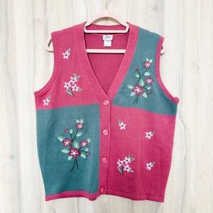 VTG Adrian Delafield Womens Sweater Vest Size L Pink Green Floral Cottage 90s